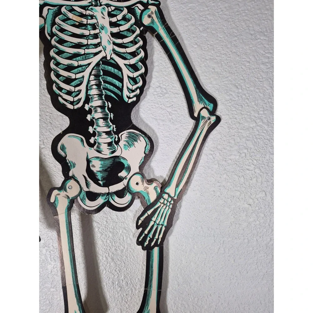 Vtg Beistle Jointed Cardboard Skeleton Halloween Decoration Teal Cream 36 Inch